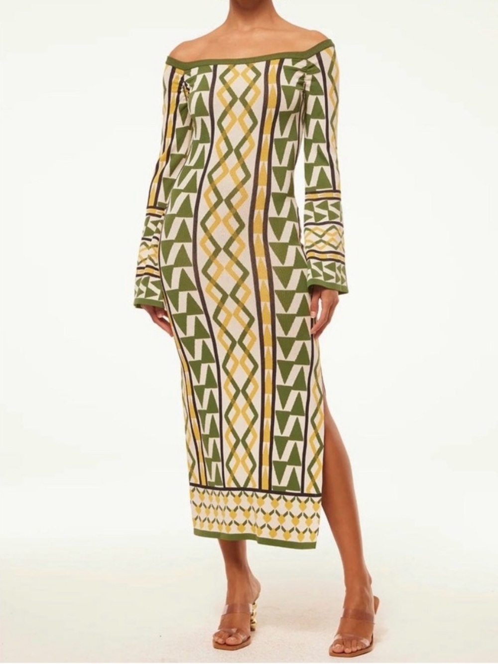 Misa Los Angeles Jaquetta Olive Cream & Yellow Geometric Off-Shoulder Midi Dress - Picture 3 of 3